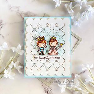 Sunny Studio Fairytale Prince & Princess You're My Happily Ever After Eyelet Lace Scalloped Card using Enchanted Clear Stamps
