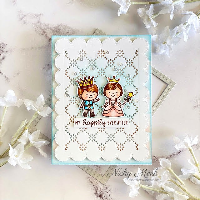 Sunny Studio Stamps You're My Happily Ever After Princess & Prince Card using Frilly Frames Eyelet Lace Scalloped Cutting Die