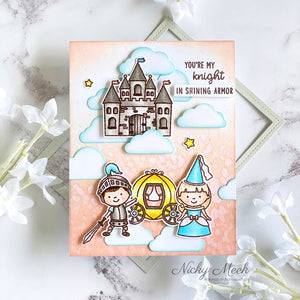 Sunny Studio You're My Knight In Shining Armor Fairytale Princess Castle in The Clouds Card using Enchanted 4x6 Clear Stamps