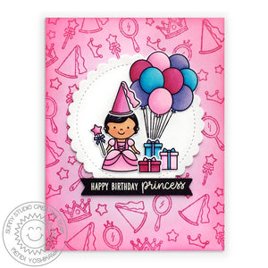 Sunny Studio Stamps Happy Birthday Princess Pink & Purple Girls Card with Balloons using stitched Scalloped Circle Tag Dies