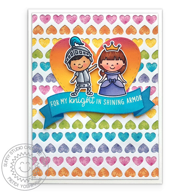 Sunny Studio Enchanted Princess Your My Knight in Shining Armor Card with Heart background using Banner Basics Clear Stamps
