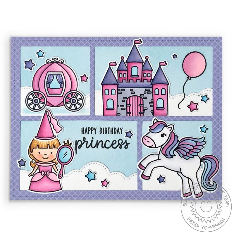 Sunny Studio Comic Strip Style Pink & Lavender Girl's Fantasy Princess Fairytale Birthday Card using Prancing Pegasus Stamps