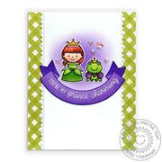 Sunny Studio Purple & Green Gingham Princess & Frog "You're My Prince Charming" Handmade Card using Enchanted clear stamps