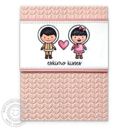 Sunny Studio Stamps Embossed Eskimo Kisses Winter Card using Cable Knit 6x6 Embossing Folder