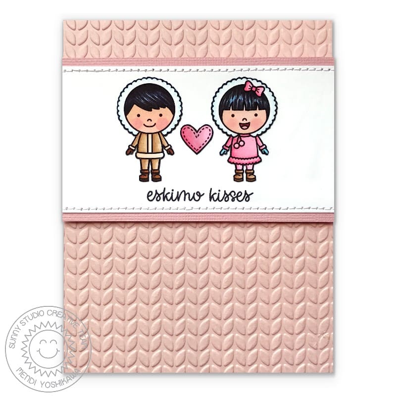 Sunny Studio Stamps Embossed Eskimo Kisses Winter Card using Cable Knit 6x6 Embossing Folder