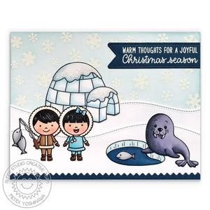 Sunny Studio Winter Boy & Girl with Walrus & Igloo Holiday Christmas Card (using Snow Flurries 2x3 Mini Snowflake Background Stamps)