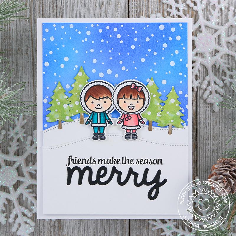 Sunny Studio Stamps Eskimo Kisses Girl & Boy Snowy Christmas Card by Juliana Michaels