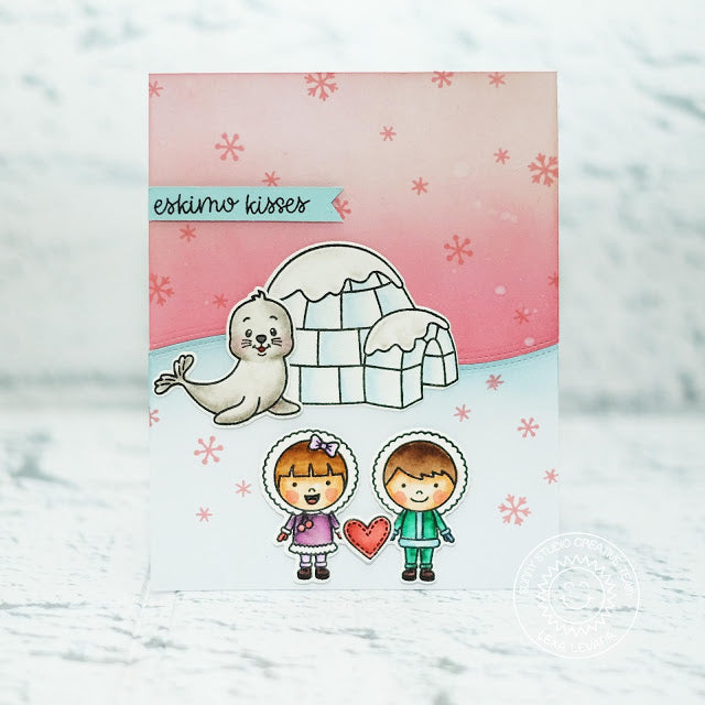 Sunny Studio Stamps Eskimo Kisses & Polar Playmates Boy & Girl with Igloo & Seal Card
