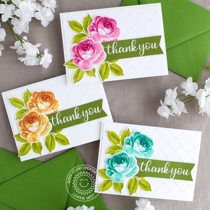 Sunny Studio Stamps Embossed Layered Roses Thank You Cards (using Quilted Hearts 6x6 Embossing Folder)