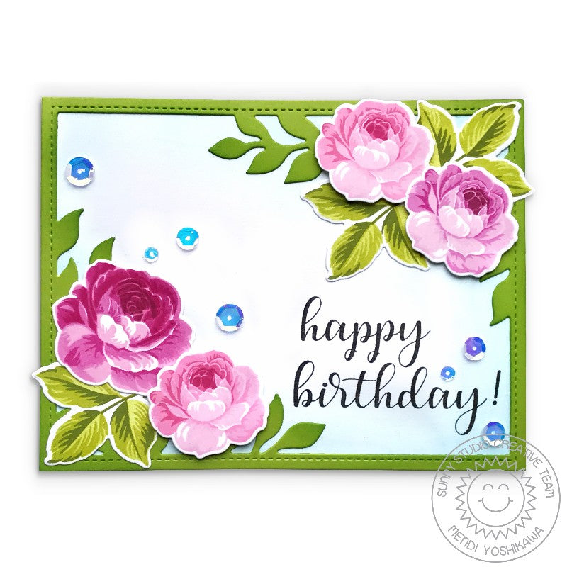 Sunny Studio Happy Birthday Pink Roses & Iridescent Sequin Card (using Everyday Greetings Stamps)