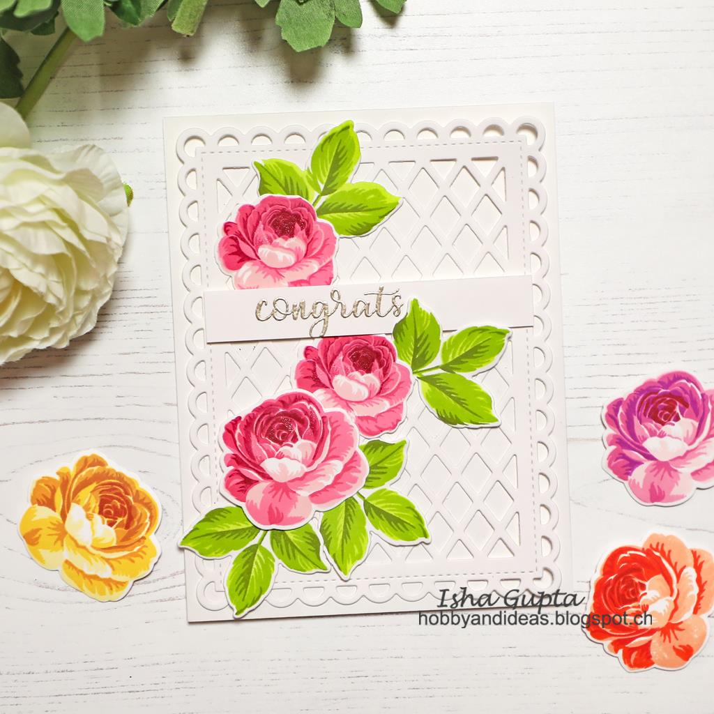 Sunny Studio Stamps Everything Rosy Pink Roses Scalloped Lattice Congrats Wedding Card by Isha Gupta