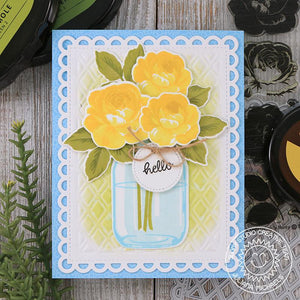 Sunny Studio Stamps Layered Rose Scalloped Embossed Card featuring using Frilly Frames Lattice Dies for Embossing Technique