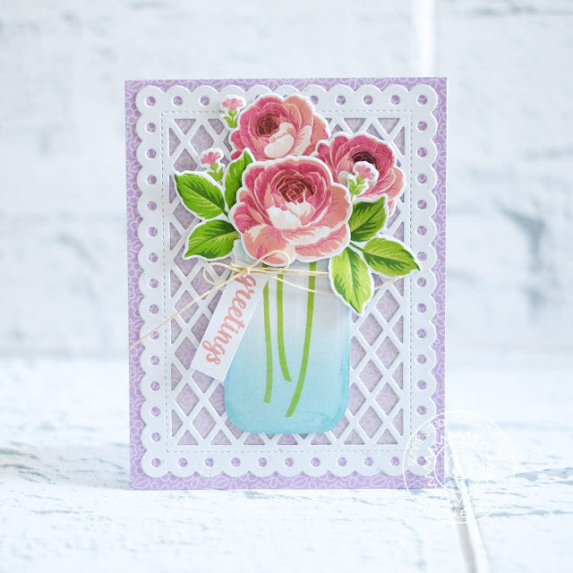 Sunny Studio Stamps Everything's Rosy Soft & Sweet Roses in Mason Jar Greetings Card by Lexa Levana