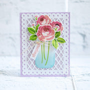Sunny Studio Rose Bouquet in Mason Jar Scalloped Greetings Card (using Frilly Frames Lattice Background Metal Cutting Dies)