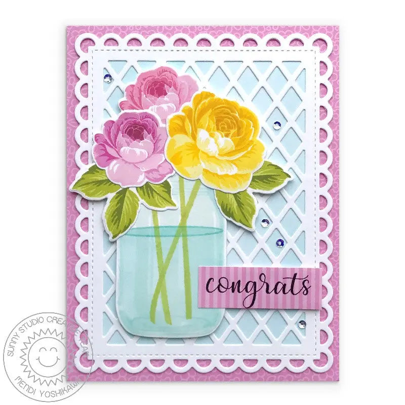 Sunny Studio Everything's Rosy Layered Rose Floral Congrats Wedding Card (using Vintage Jar Stamps)