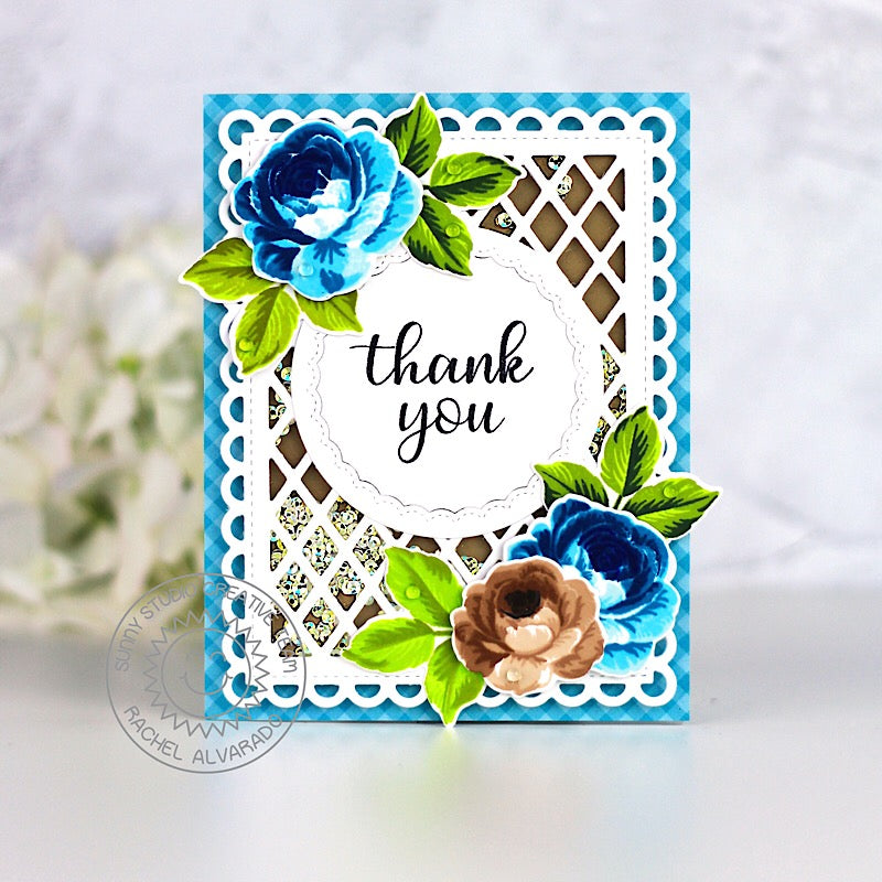 Sunny Studio Stamps Blue Layered Rose Scalloped Shaker Card (using Frilly Frames Lattice Background Metal Cutting Dies)