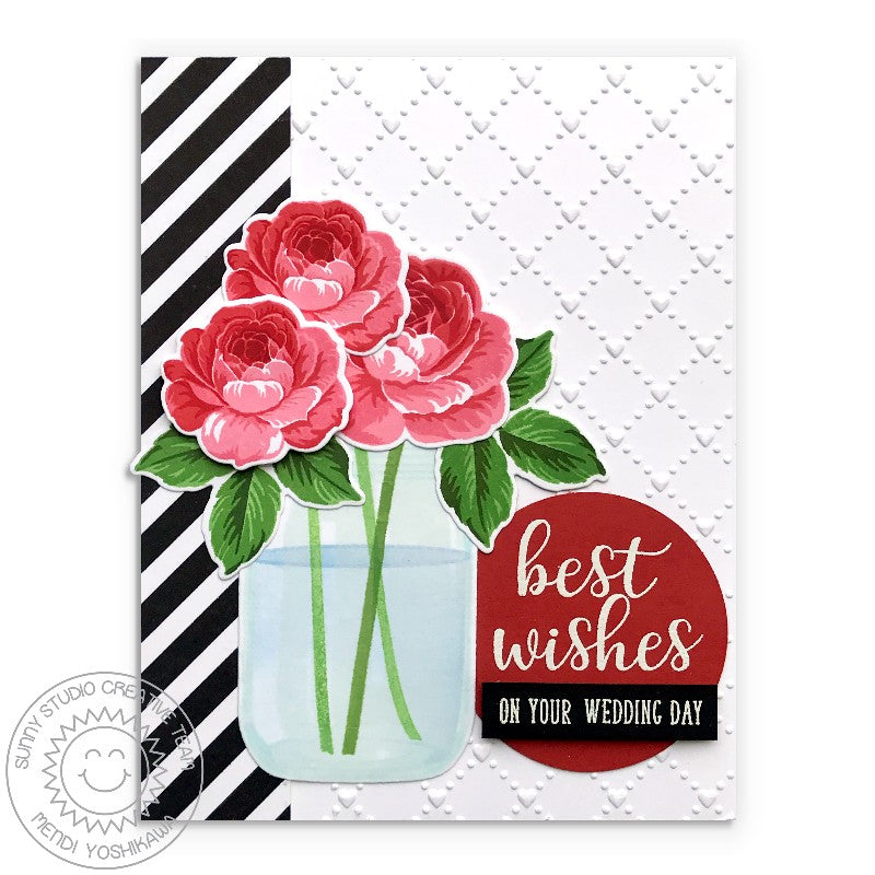 Sunny Studio Stamps Red, Black & White Rose Wedding Card (using Quilted Hearts Embossing Folder)