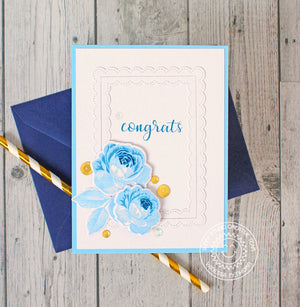 Sunny Studio Stamps Everything's Rosy CAS Blue & White Layered Rose Scalloped Congrats Card