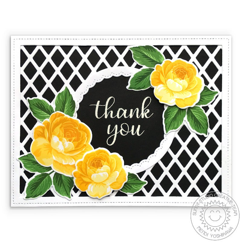 Sunny Studio Stamps Black & White with Yellow Layered Roses Thank You Card using Frilly Frames Lattice Metal Cutting Dies