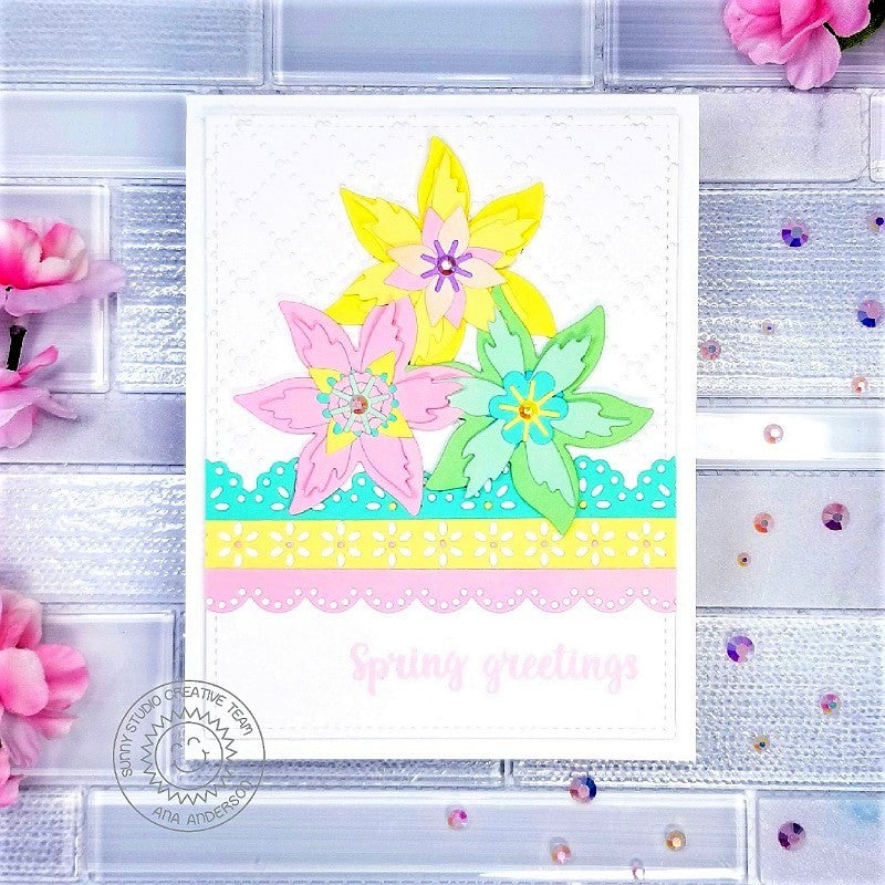 Sunny Studio Stamps Spring Greetings Pastel Floral Flower Handmade Card (using scalloped Eyelet Lace Border Metal Cutting Dies)