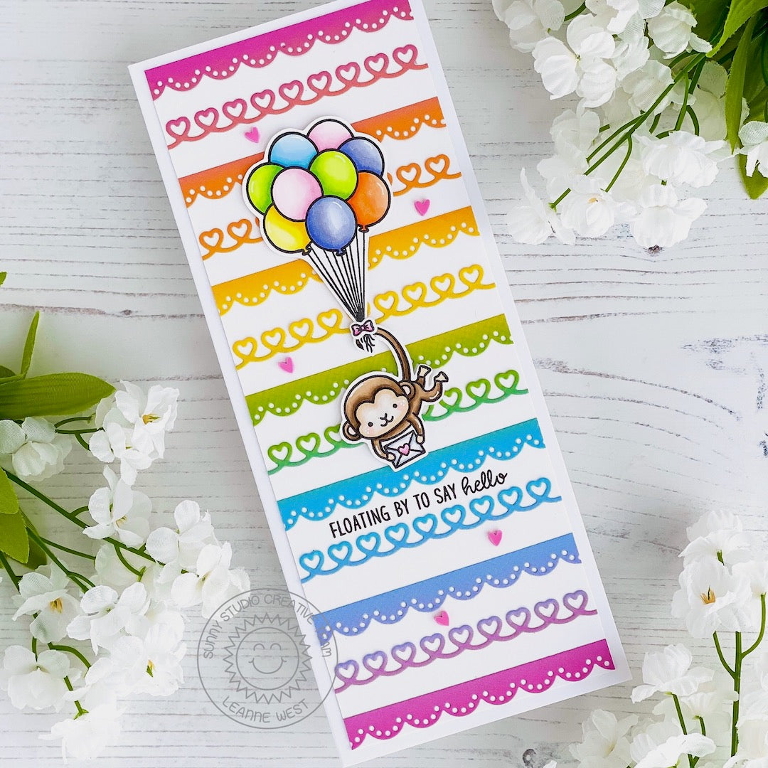 Sunny Studio Stamps Love Monkey Floating By To Say Hello with Balloons Rainbow Handmade Card