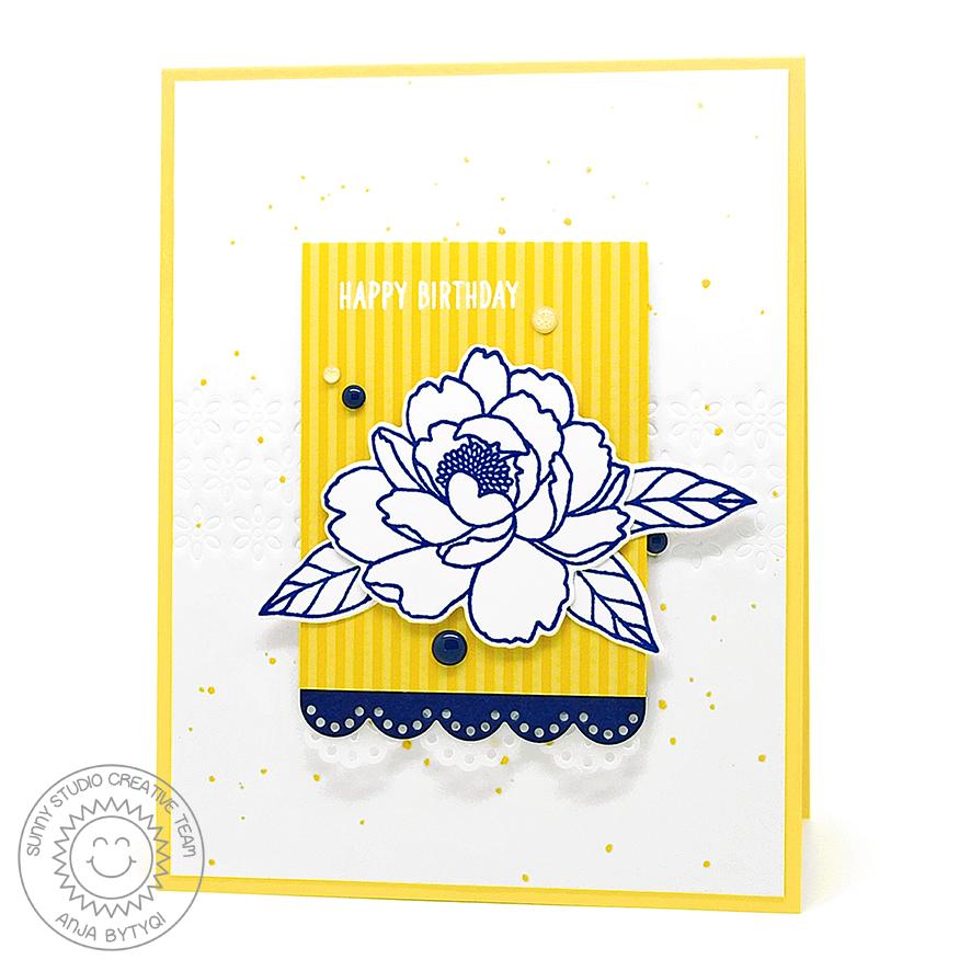 Sunny Studio Stamps Yellow, White & Navy Scalloped Handmade Peony Card (using Eyelet Lace Border Cutting Dies)