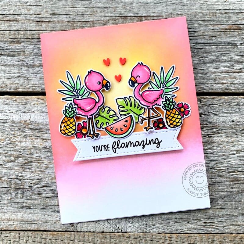 Sunny Studio You're Flamazing Punny Tropical Summer Card with Pineapples & Flowers using Fabulous Flamingos 4x6 Clear Stamps