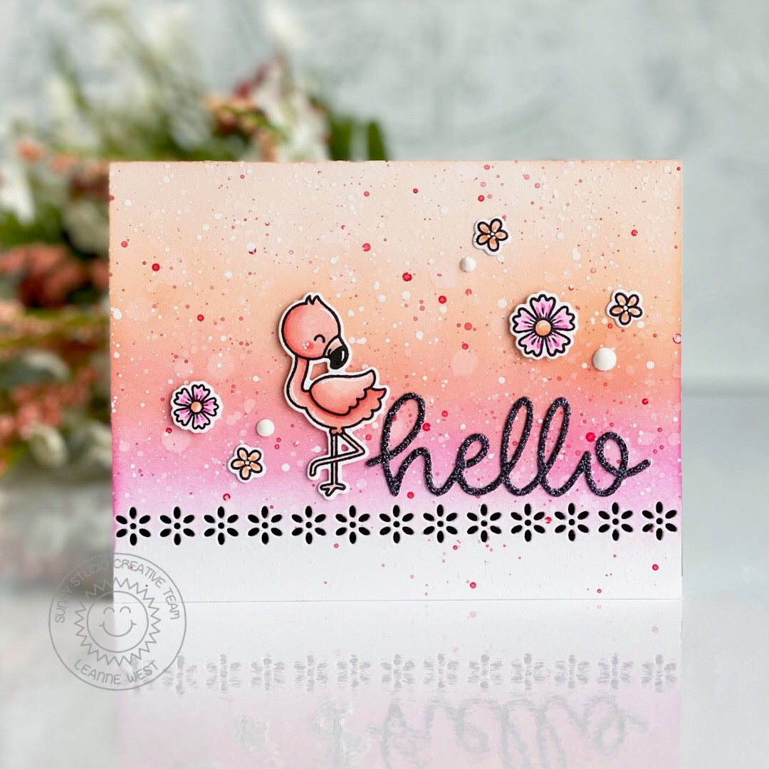 Sunny Studio Speckled Paint Coral Flamingo Handmade Hello Card using Fabulous Flamingos 4x6 Clear Photopolymer Stamps