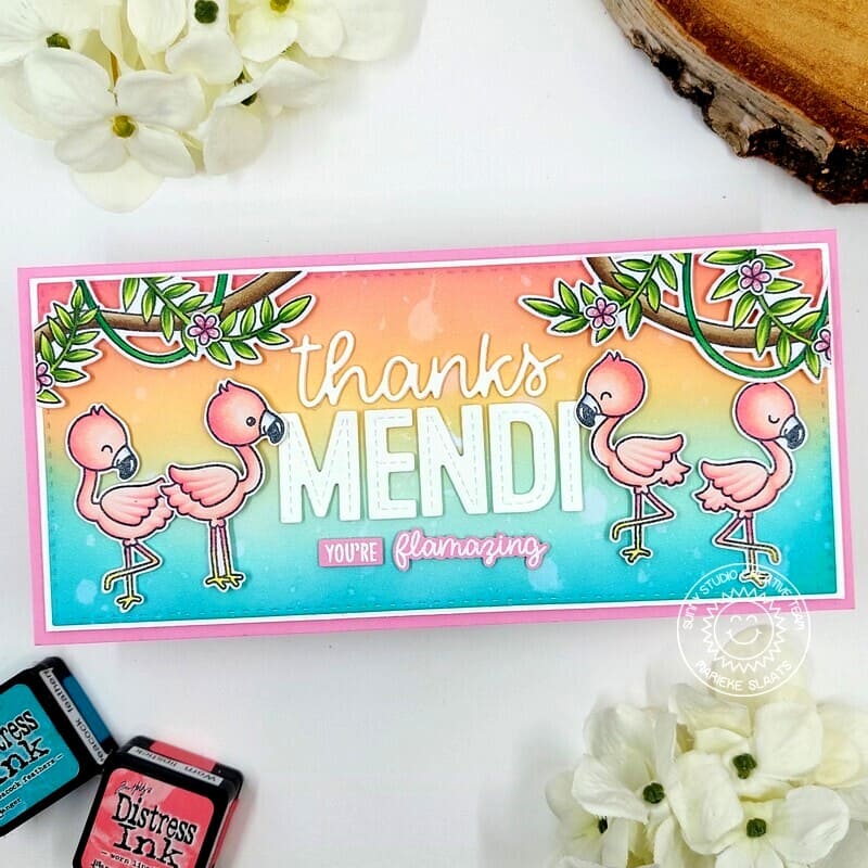 Sunny Studio Flamingos with Hanging Vines Summer Slimline Personalized Thank You Card (using Tropical Scenes Clear Stamps)