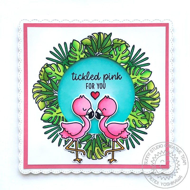 Sunny Studio Stamps Fabulous Flamingos Tickled Pink For You Jungle Leaf  Window Card using Gina K. Wreath Builder Templates
