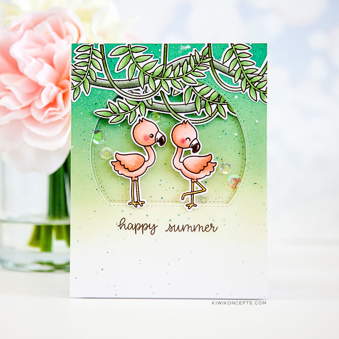 Sunny Studio Happy Summer Coral & Green Flamingo Handmade Card by Keeway Tsao using Fabulous Flamingos 4x6 Clear Stamps