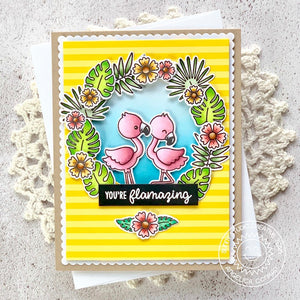 Sunny Studio Stamps You're Flamazing Yellow Striped Beach Themed Flamingo Card (using Summer Splash 6x6 Patterned Paper)