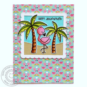 Sunny Studio Stamps Fabulous Flamingos Happy Summer Palm Tree Card by Mendi Yoshikawa