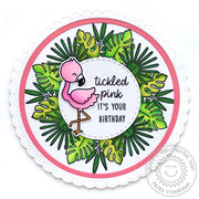 Sunny Studio Stamps Fabulous Flamingos Tickled Pink It's Your Birthday Jungle Leaf Wreath Circular Card