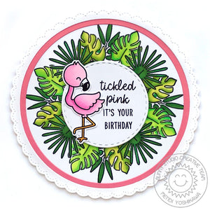 Sunny Studio Stamps Fabulous Flamingos Tickled Pink It's Your Birthday Jungle Leaf Wreath Circular Card