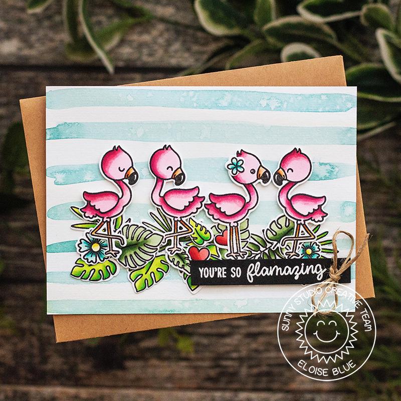 Sunny Studio Stamps Fabulous Flamingos Watercolor Striped Pink & Aqua Summer Flamazing Card by Eloise Blue