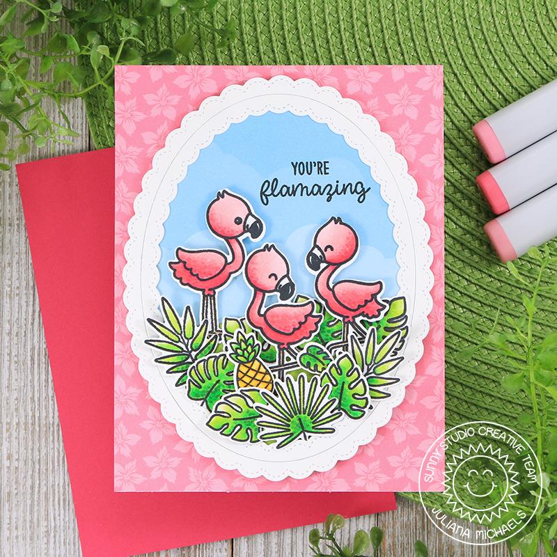 Sunny Studio Stamps Fabulous Flamingos Flamazing Oval Pink Flamingo Trio Card