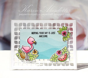 Sunny Studio Stamps Fabulous Flamingos Clear Acetate Card (using Frilly Frames Retro Petals Background Metal Cutting Die)