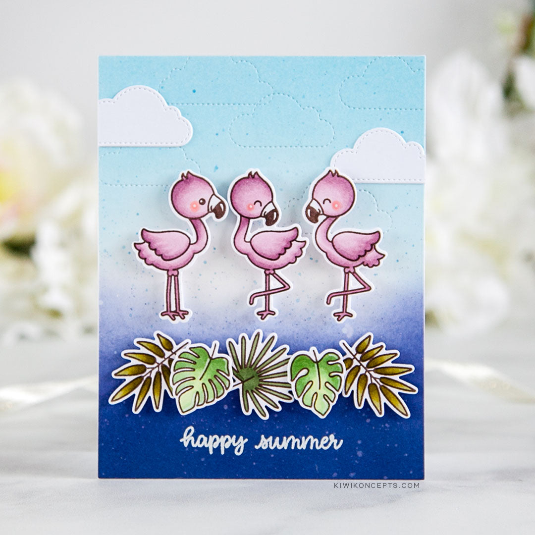 Sunny Studio Stamps Fabulous Flamingos Happy Summer Clouds & Flamingo Trio Card