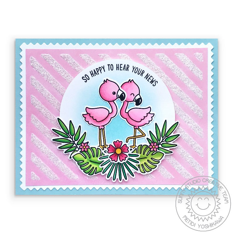 Sunny Studio Stamps Pink Glitter Striped Flamingo Card (using Frilly Frames Stripes Metal Cutting Dies as a stencil)