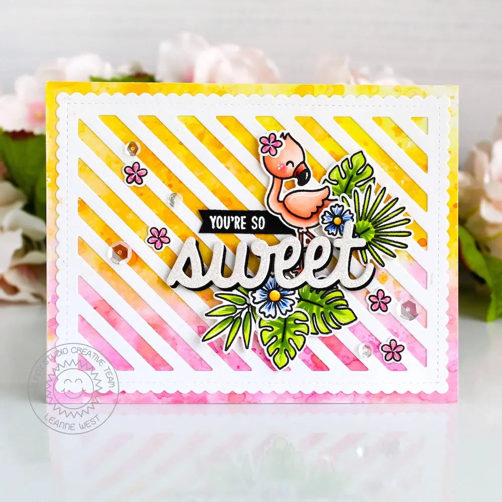 Sunny Studio Stamps You're Sweet Pink & Yellow Ombre Striped Flamingo Card by Leanne West using Sweet Word Metal Cutting Die