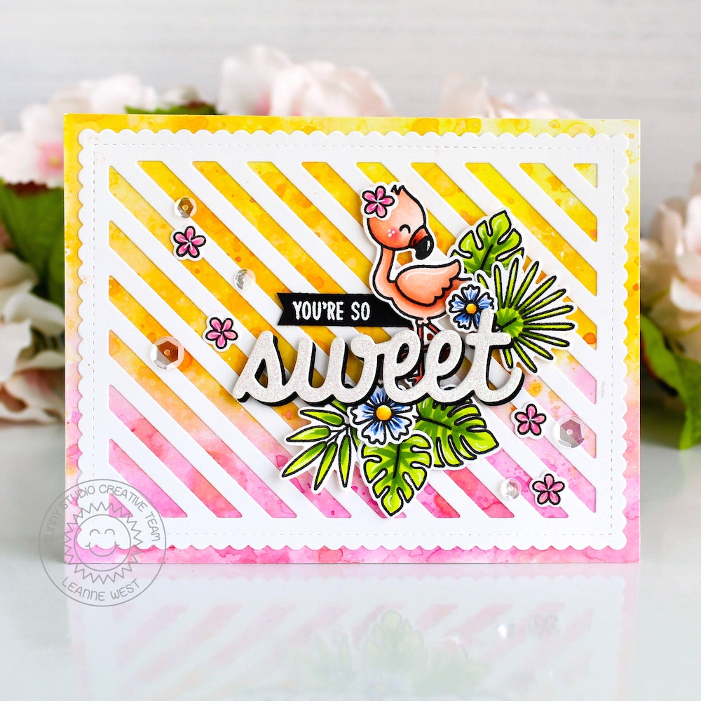 Sunny Studio Stamps Fabulous Flamingos Pink & Yellow Ombre "You're So Sweet" Striped Handmade Card