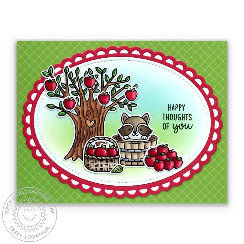 Sunny Studio Stamps Raccoon with Autumn Apple Tree Red & Green Scalloped Card (using Stitched Oval 2 Metal Cutting Dies)