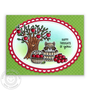 Sunny Studio Raccoon with Autumn Apple Tree Red & Green Scalloped Oval Card (using Fall Friends 4x6 Clear Stamps)