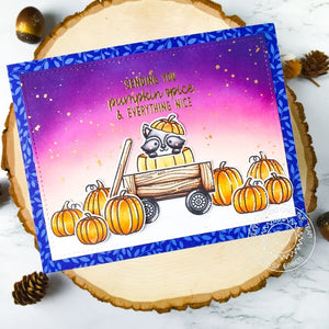Sunny Studio Pumpkin Spice & Everything Nice Raccoon with Pumpkins in Wagon Autumn Card (using Fall Friends 4x6 Clear Stamps)