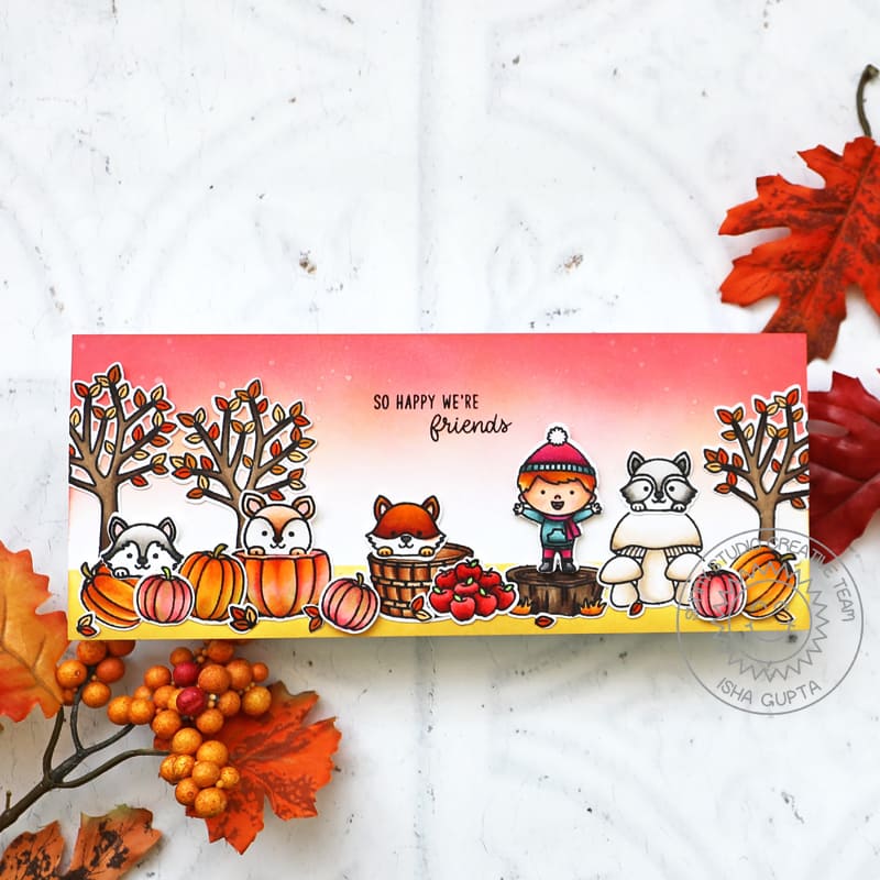Sunny Studio So Happy We're Friends Autumn Critters with Pumpkins & Mushrooms Slimline Card (using Fall Friends 4x6 Clear Stamps)