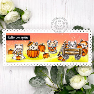 Sunny Studio Hello Pumpkin Autumn Critters Scalloped Slimline Card (using Fall Friends 4x6 Clear Stamps)
