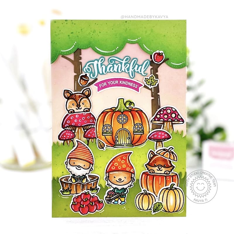 Sunny Studio Thankful For Your Kindness Gnomes with Autumn Critters, Pumpkins & Mushrooms Card (using Fall Friends 4x6 Clear Stamps)
