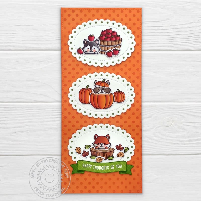 Sunny Studio Stamps Fall Friends Slimline Autumn Critters Card (using stitched Scalloped Oval Mat 2 Metal Cutting Dies)
