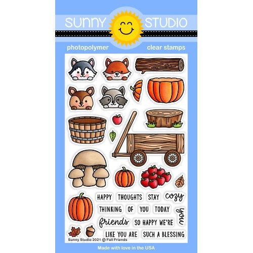 Sunny Studio Fall Friends Autumn Critters 4x6 Clear Photopolymer Stamp Set with Log, Tree Stump, Wagon, Barrel, Pumpkins, Mushrooms & Apples, Fox, Husky, Raccoon & Deer